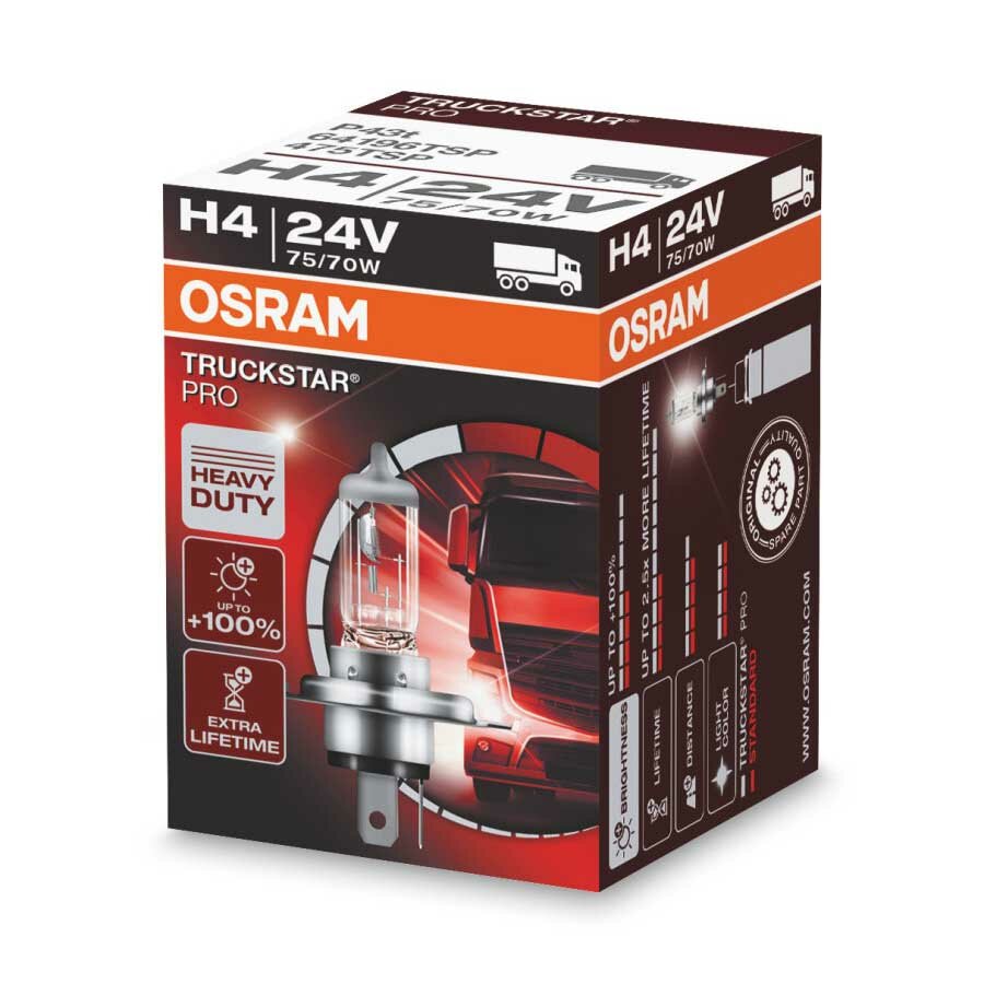 Osram H4 Halogeenlamp 24V 75/70W P43t Truckstar Pro Osram H4 Halogeenlamp 24V 75/70W P43t Truckstar Pro