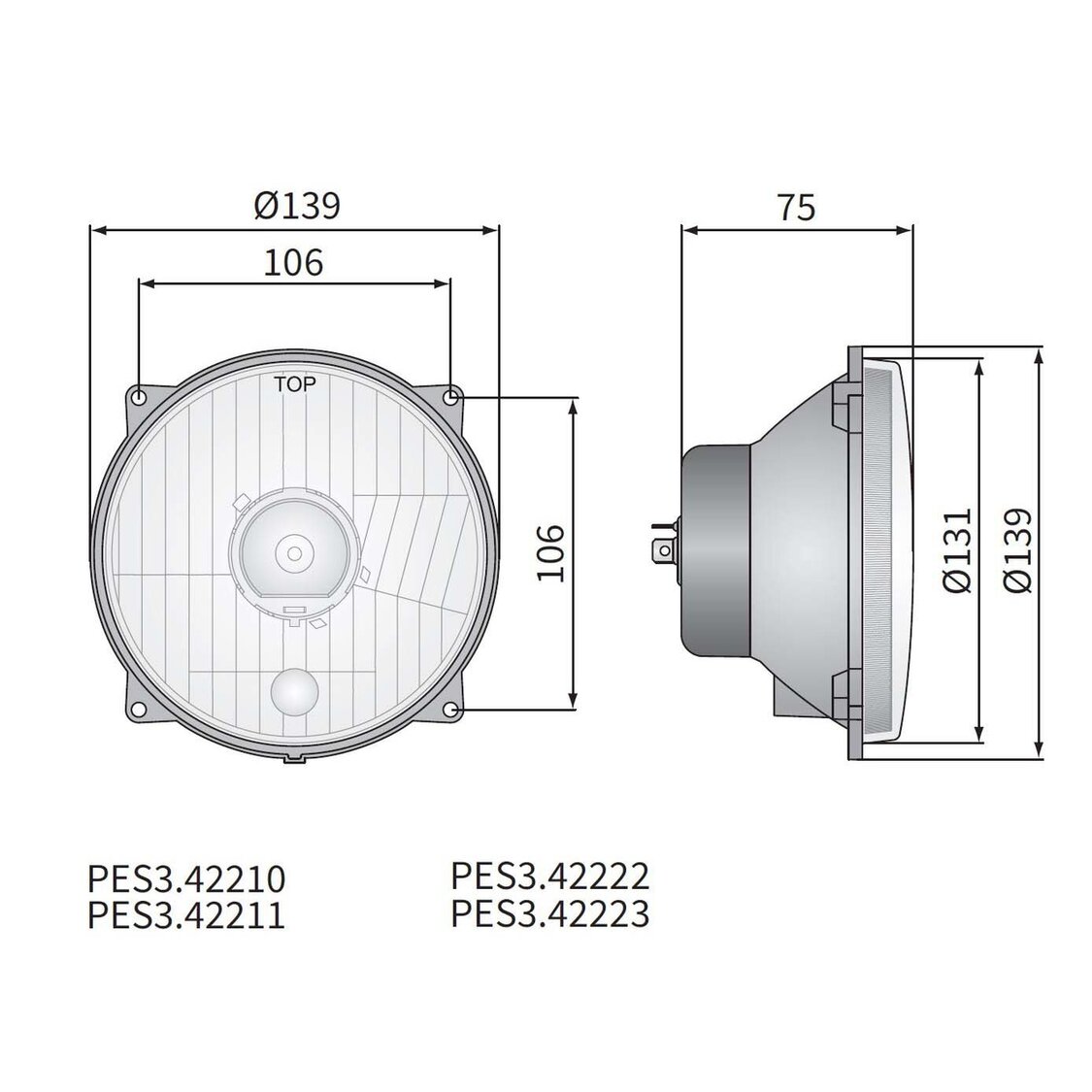 Koplamp H4 Ø139x75 gatafstand 106x106 12V