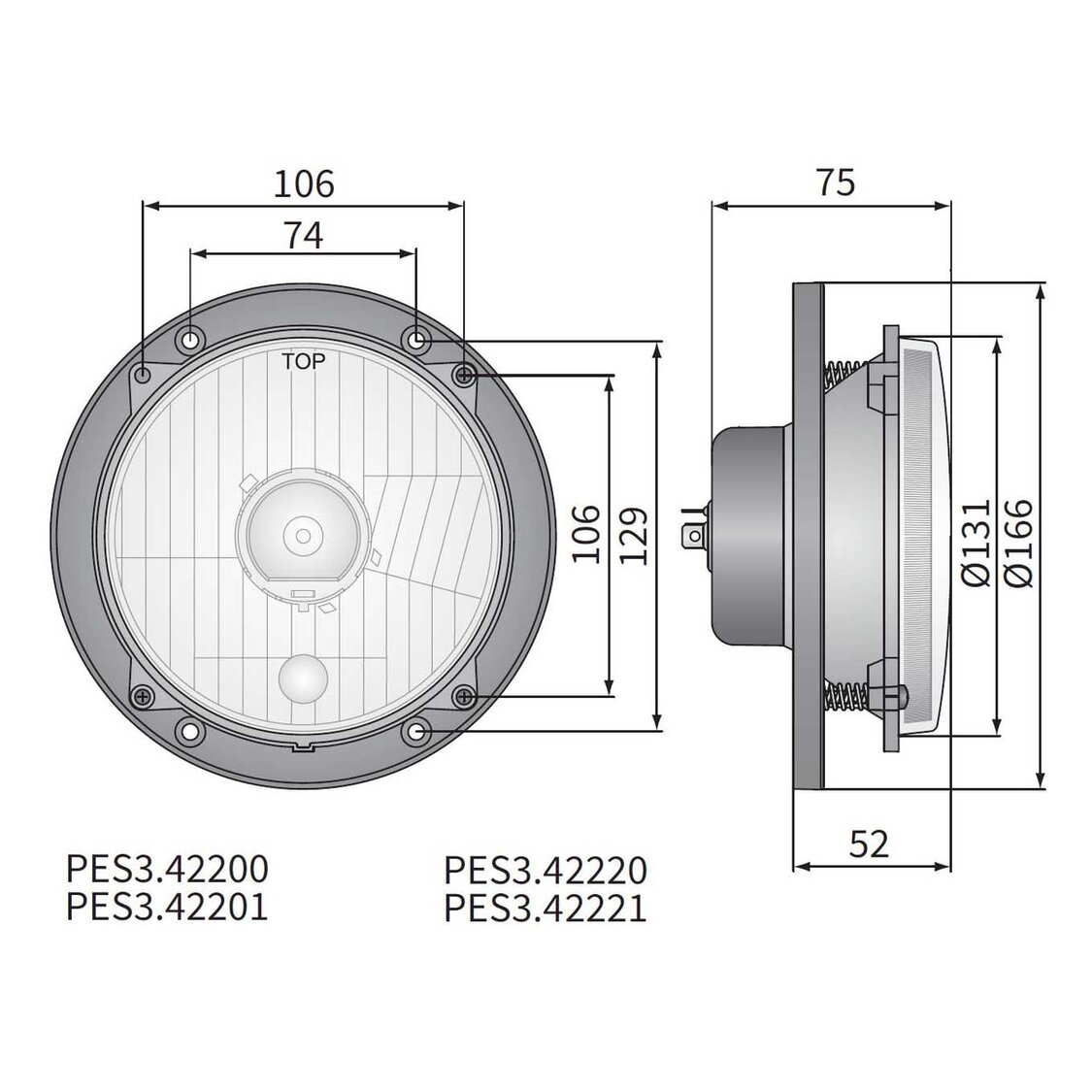 Koplamp H4 Ø166x75 gatafstand 106x106 + Bevestigingsplaat 12V