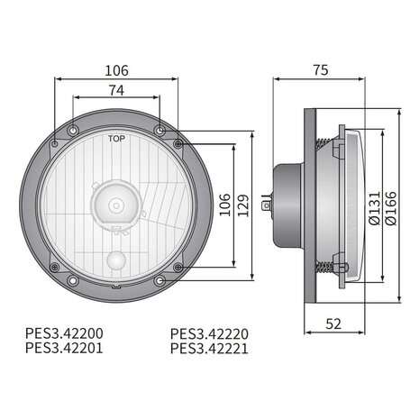 Koplamp H4 Ø166x75 gatafstand 106x106 + Bevestigingsplaat