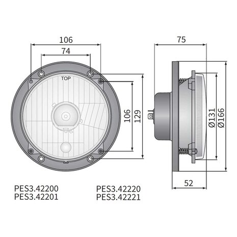 Koplamp H4 Ø166x75 gatafstand 106x106 + Bevestigingsplaat 12V
