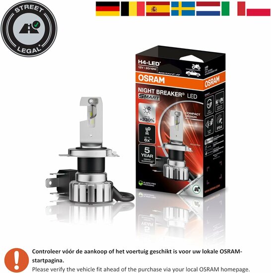 Osram H4 LED Koplamp 12V Motor Night Breaker LED Smart ECE-goedgekeurd Per Stuk