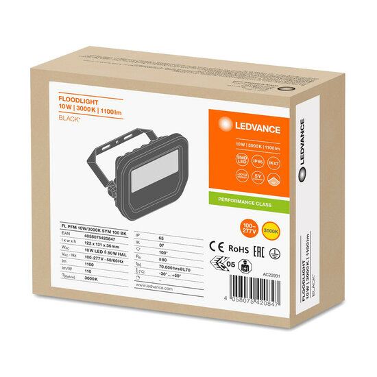 Ledvance FL10 8W LED Bouwlamp 230V Zwart 3000K Warmwit