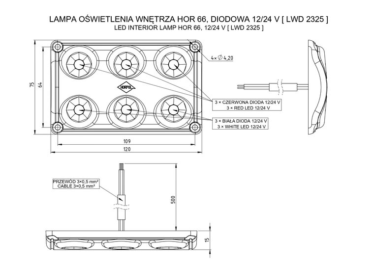 Horpol LED Interieurlamp Zwart 12-24V | Wit + Rood