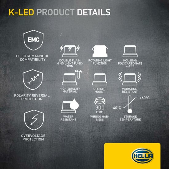 HELLA K-LED QUADRA LED Zwaailamp Oranje