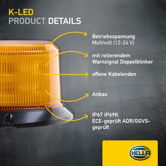 HELLA K-LED QUADRA LED Zwaailamp Oranje