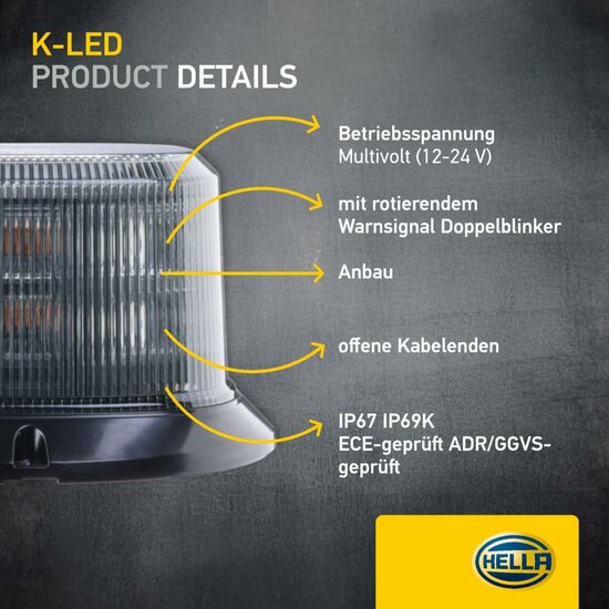 HELLA K-LED QUADRA LED Zwaailamp Oranje | Smoke