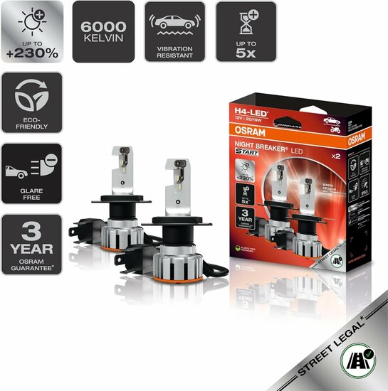 Osram Night Breaker LED Start H4 Street Legal Set | +230%